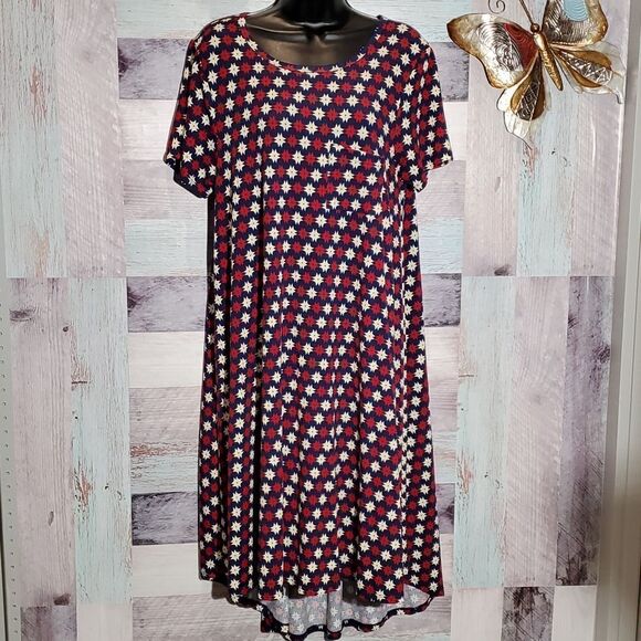 LuLaRoe Navy Red Cream Star Stretchy High Low Tshirt Dress Sz S 623 - Picture 1 of 8
